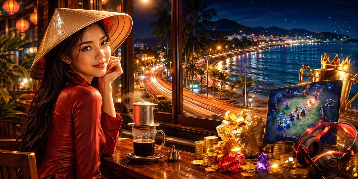 Người chơi esports tại Mũi Né với nón lá truyền thống và màn hình game sáng rực