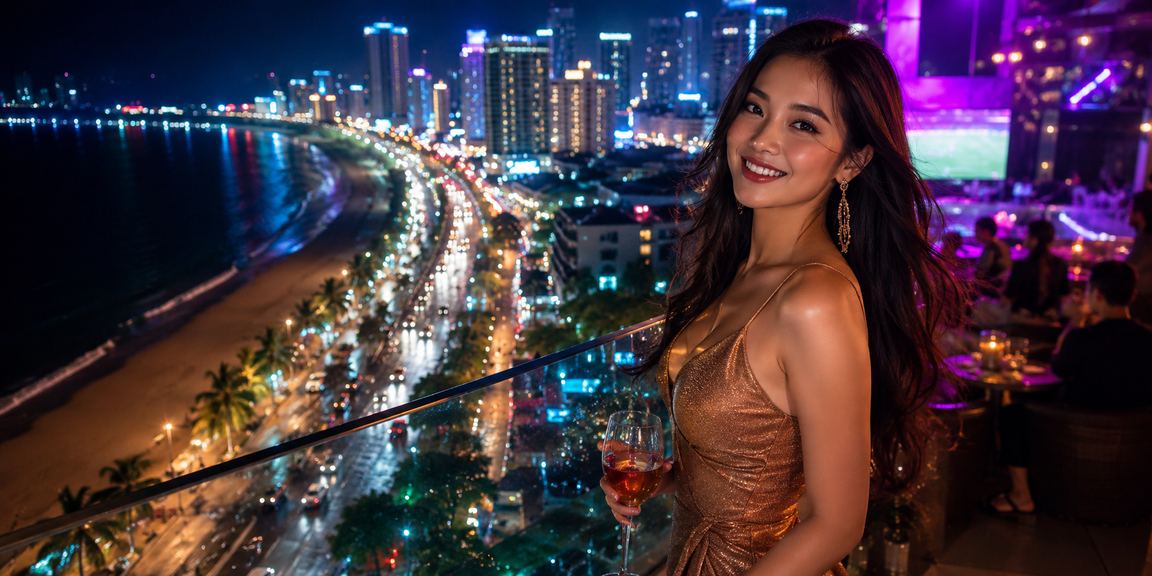 Ánh đèn neon rực rỡ tại khu vực casino và giải trí đêm ở Nha Trang