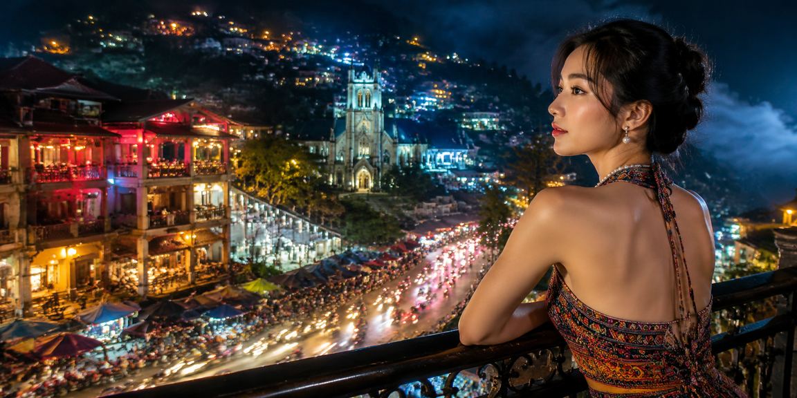 Khung cảnh Sa Pa về đêm với ánh đèn neon và nền tảng cá cược l40s